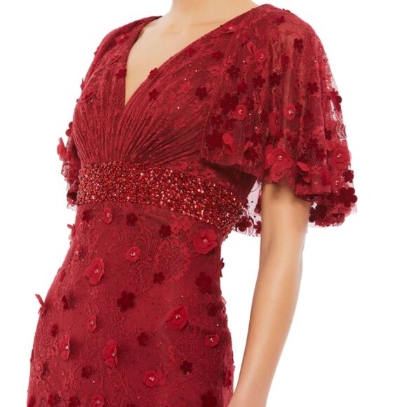 MAC DUGGAL 67712 EMBELLIHSED 3D FLORAL BURGUNDY FLUTTER SLEEVE GOWN  4 - Picture 2 of 3